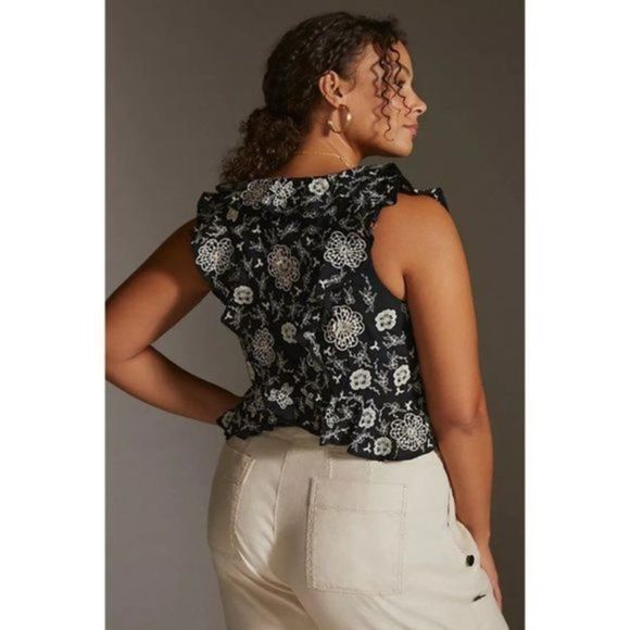 Stunning Anthropologie Ruffled Embroidered Button Up Sleeveless Crop Top Black M - Picture 6 of 11